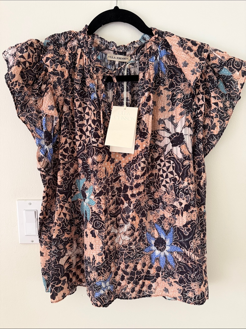 Ulla Johnson Women's Floral Print Ruffle Sleeve Top - Peach & Navy